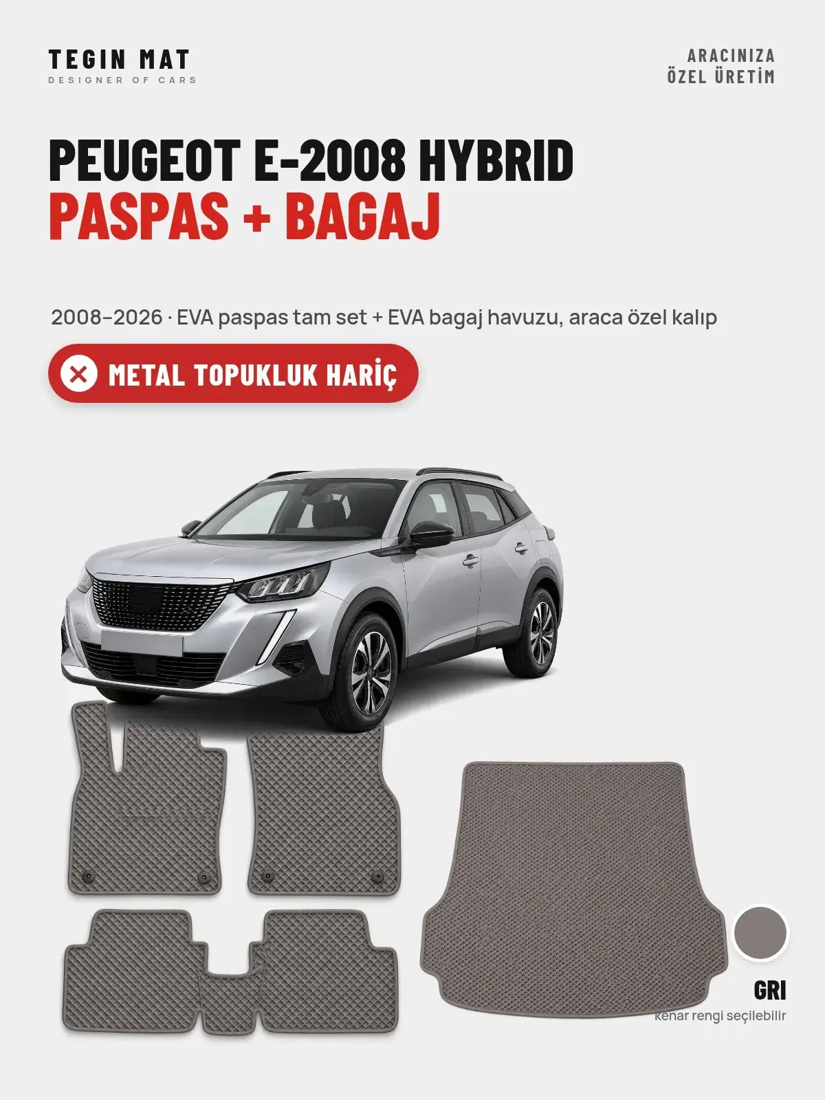 Peugeot e-2008 Hybrid EVA Paspas + Bagaj Havuzu Seti (2008–2026) Gri – Metal Topukluk Hariç (1)