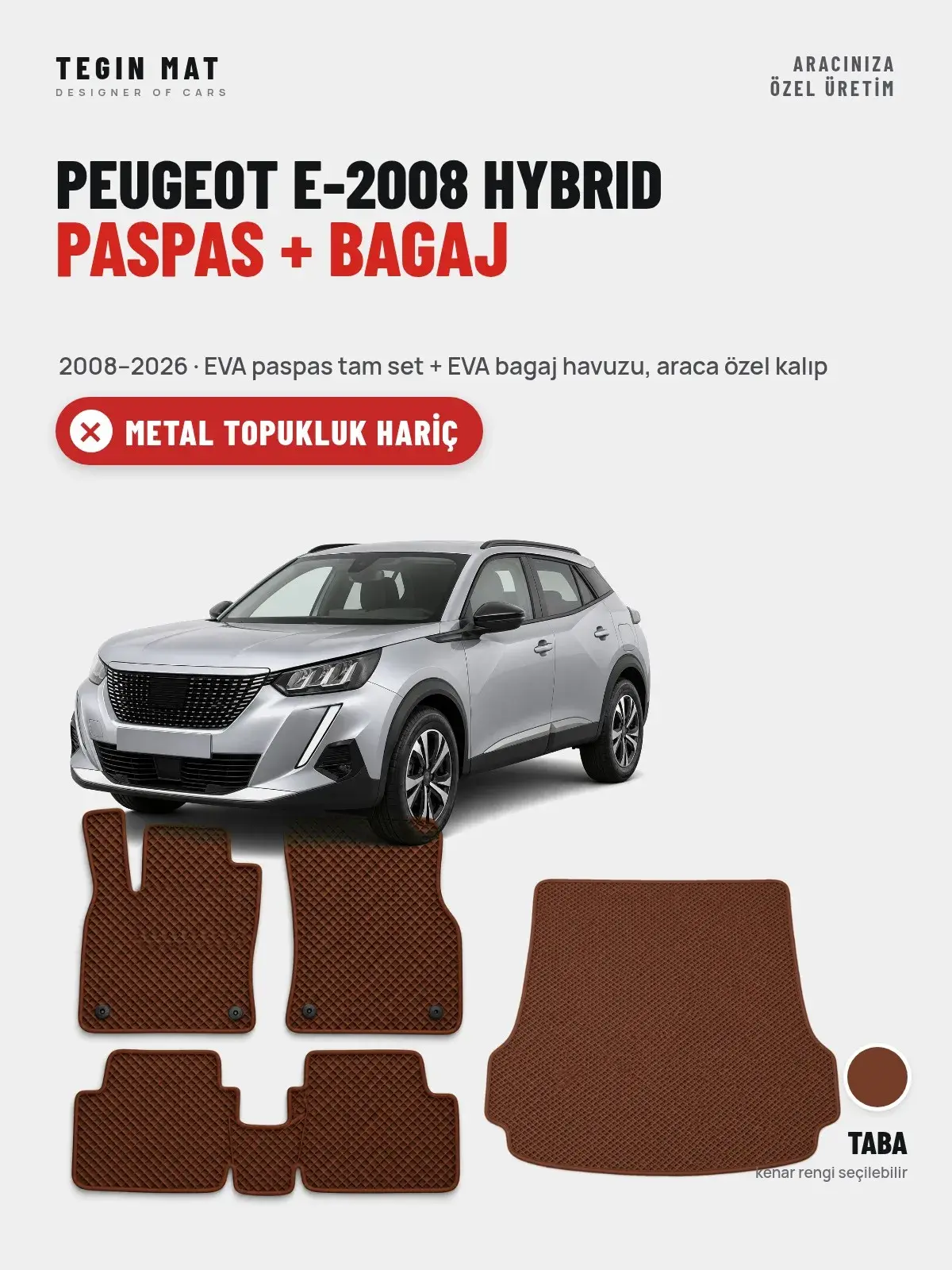 Peugeot e-2008 Hybrid EVA Paspas + Bagaj Havuzu Seti (2008–2026) Taba – Metal Topukluk Hariç (1)