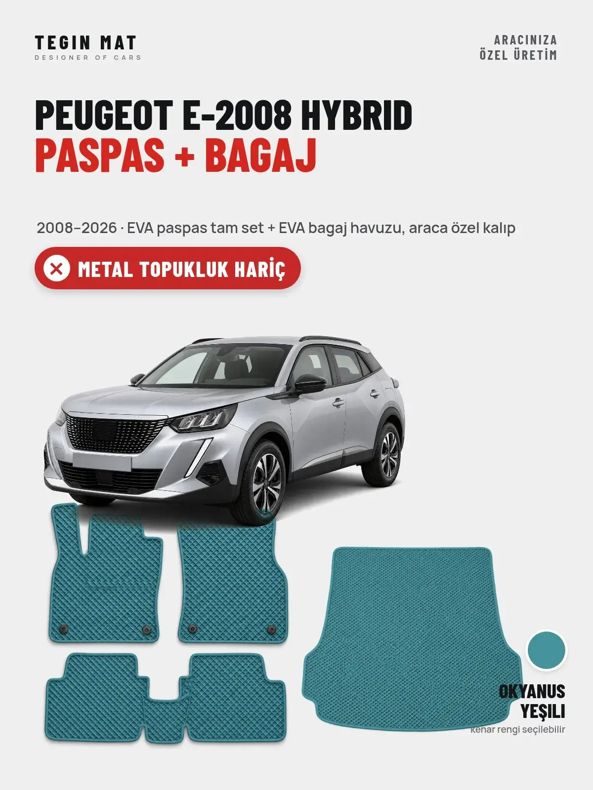 Peugeot e-2008 Hybrid EVA Paspas + Bagaj Havuzu Seti (2008–2026) Okyanus Yeşili – Metal Topukluk Hariç (1)