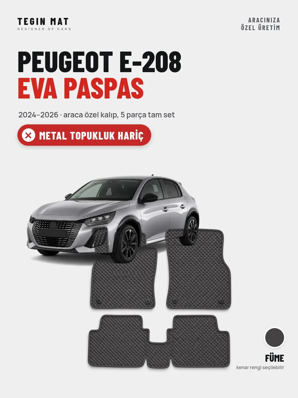 Peugeot e-208 EVA Oto Paspas Tam Set (2024–2026) Füme – Metal Topukluk Hariç (1)