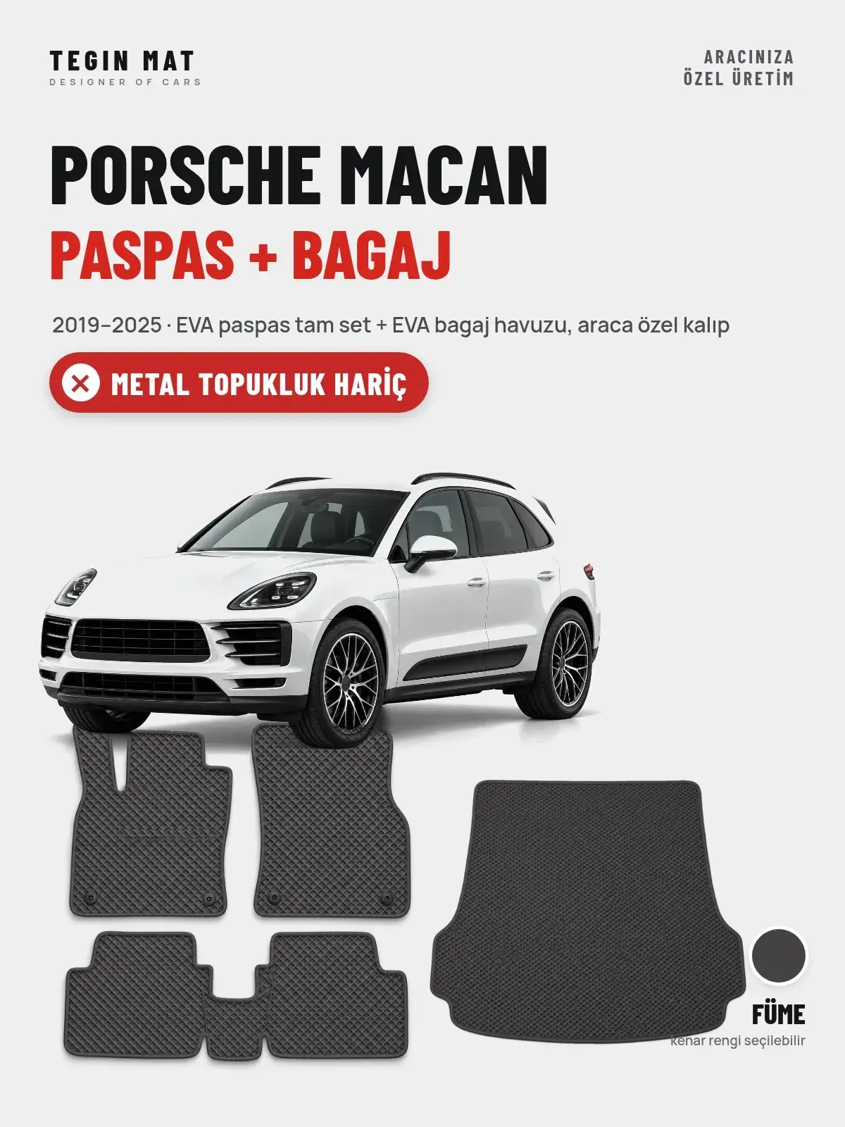 Porsche Macan EVA Paspas + Bagaj Havuzu Seti (2019–2025) Füme – Metal Topukluk Hariç (1)