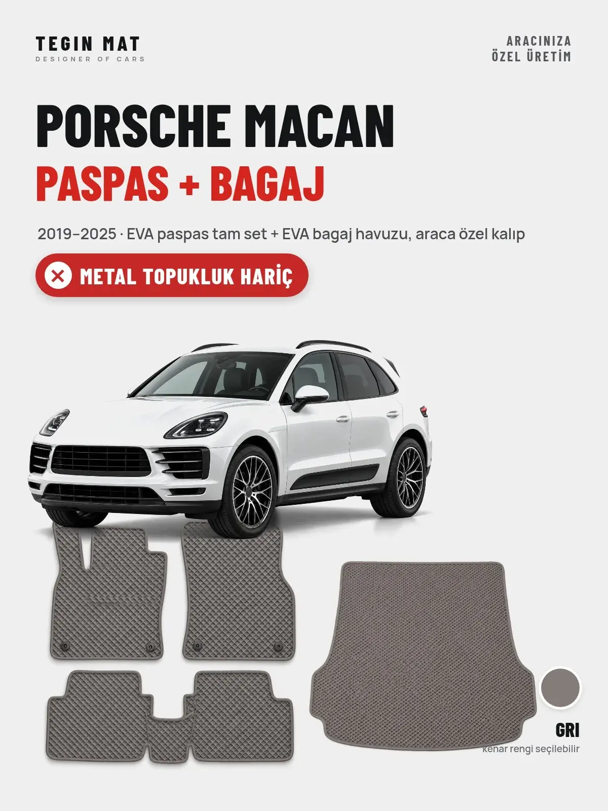 Porsche Macan EVA Paspas + Bagaj Havuzu Seti (2019–2025) Gri – Metal Topukluk Hariç (1)