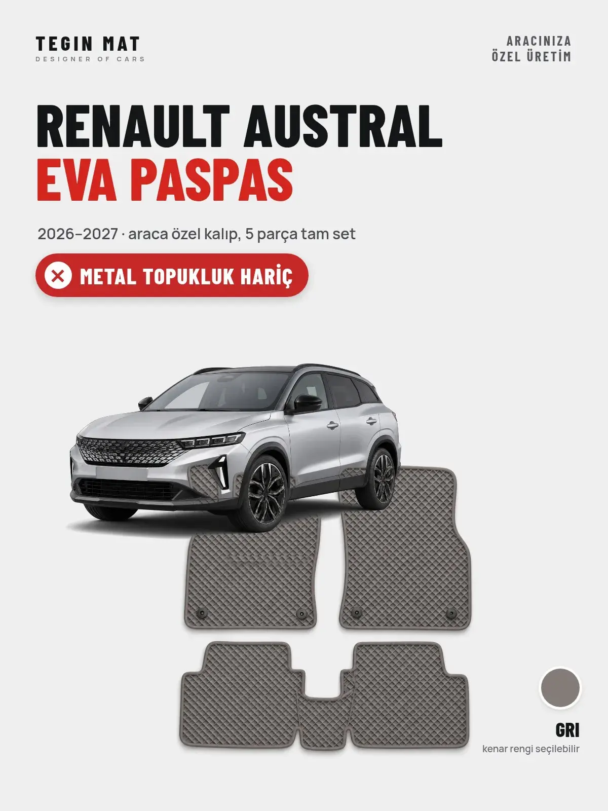 Renault Austral EVA Oto Paspas Tam Set (2026–2027) Gri – Metal Topukluk Hariç (1)