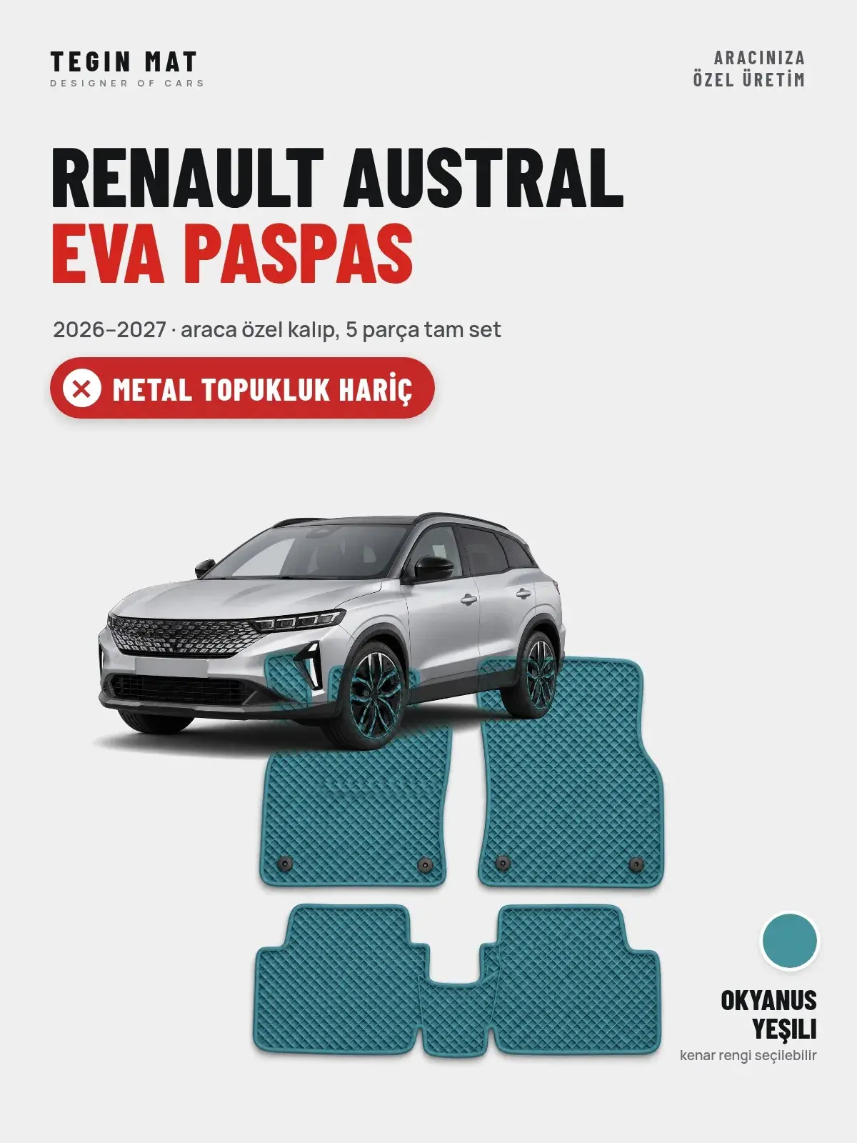 Renault Austral EVA Oto Paspas Tam Set (2026–2027) Okyanus Yeşili – Metal Topukluk Hariç (1)