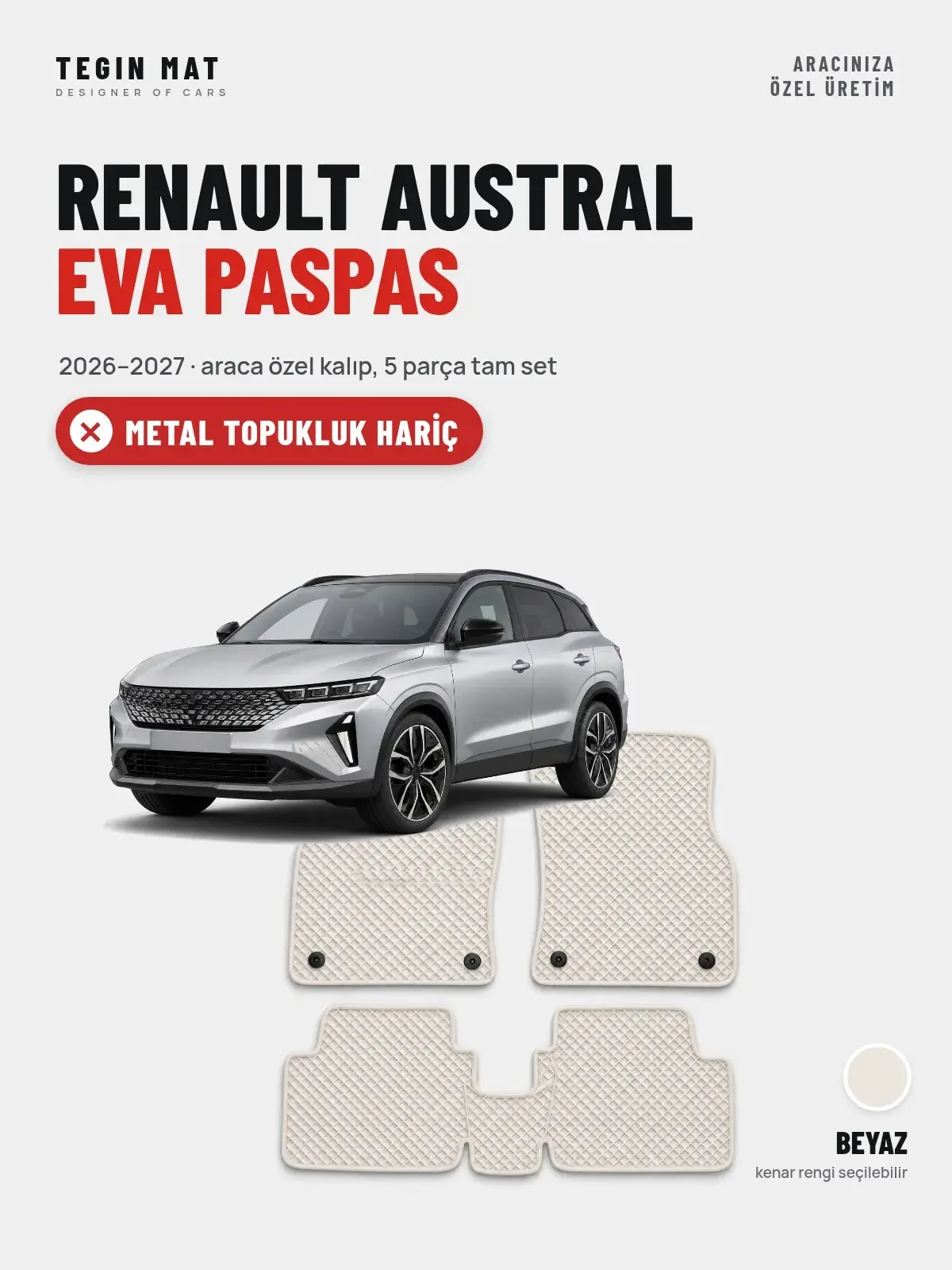 Renault Austral EVA Oto Paspas Tam Set (2026–2027) Beyaz – Metal Topukluk Hariç (1)