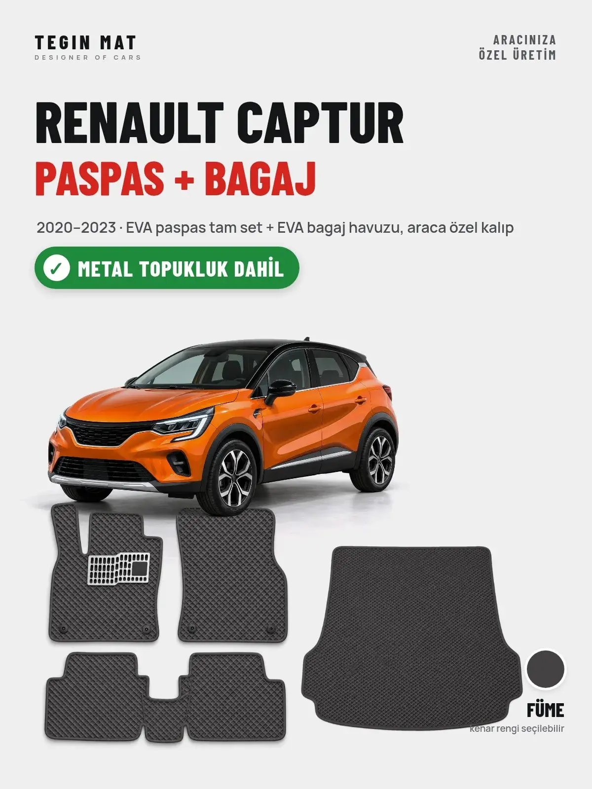 Renault Captur EVA Paspas + Bagaj Havuzu Seti (2020–2023) Füme – Metal Topukluk Dahil (1)