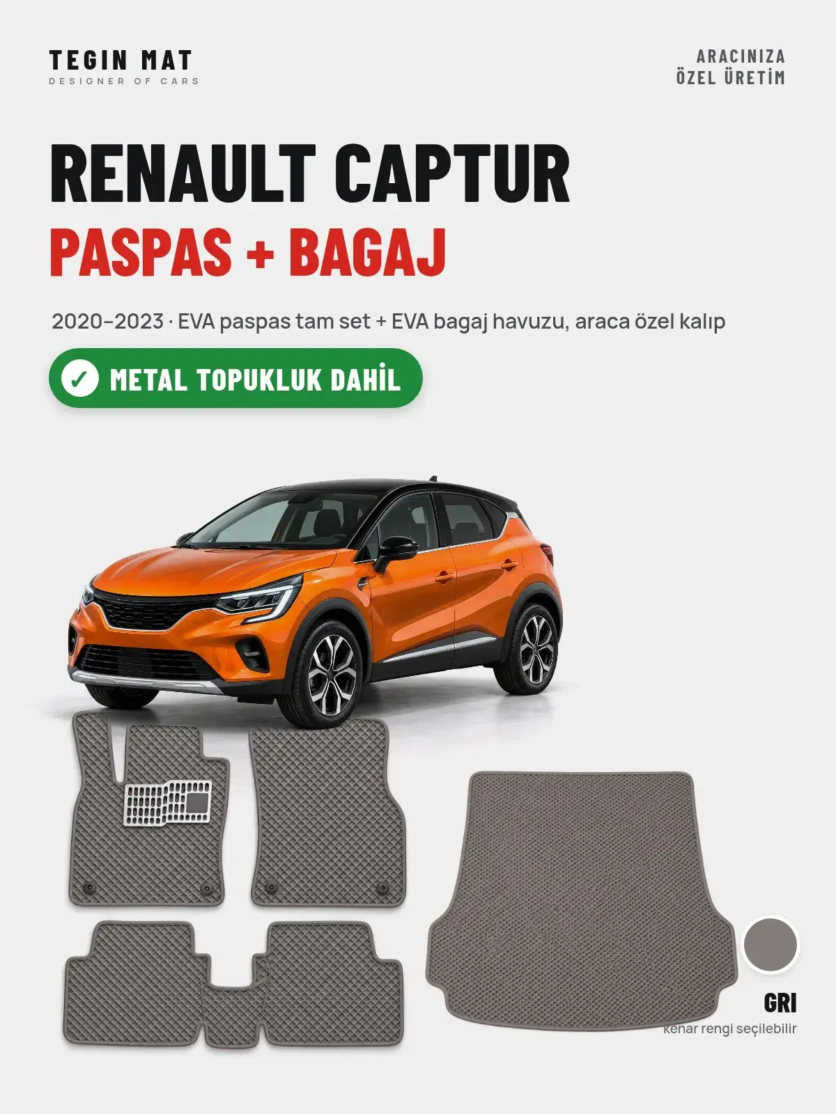 Renault Captur EVA Paspas + Bagaj Havuzu Seti (2020–2023) Gri – Metal Topukluk Dahil (1)