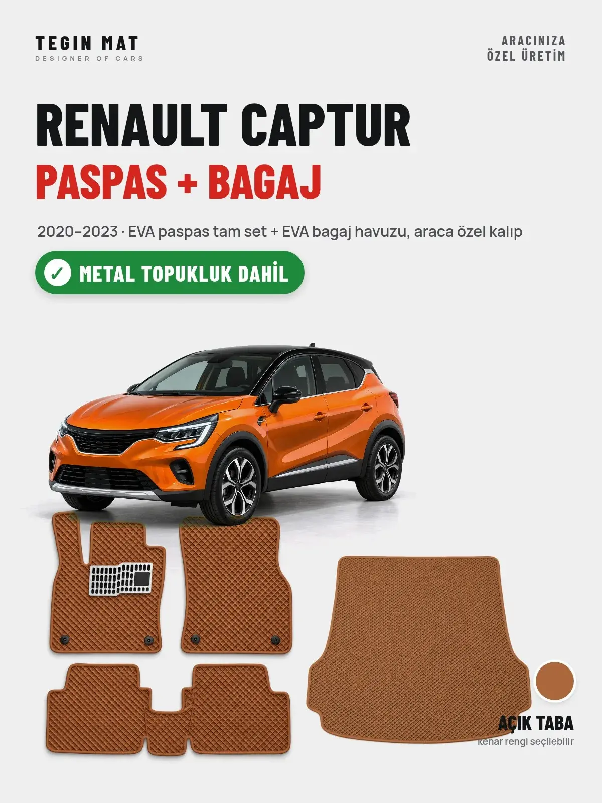 Renault Captur EVA Paspas + Bagaj Havuzu Seti (2020–2023) Açık Taba – Metal Topukluk Dahil (1)