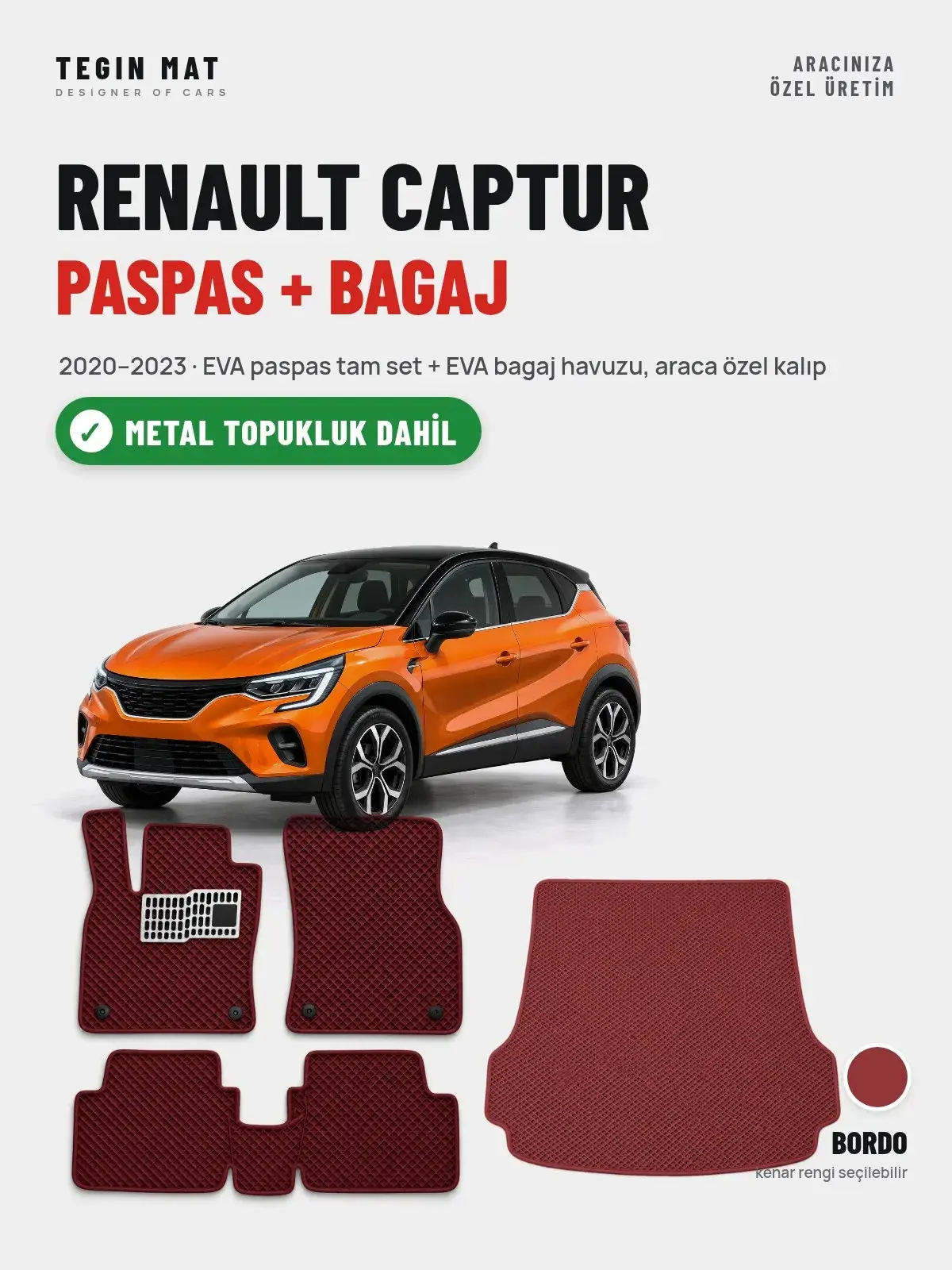 Renault Captur EVA Paspas + Bagaj Havuzu Seti (2020–2023) Bordo – Metal Topukluk Dahil (1)