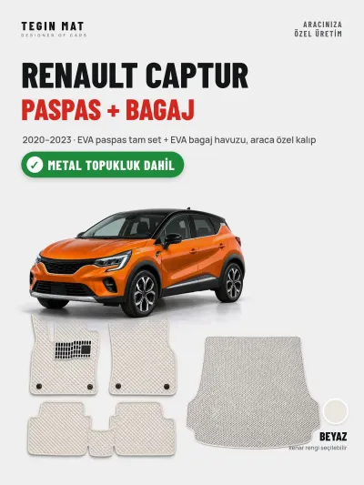 Renault Captur EVA Paspas + Bagaj Havuzu Seti (2020–2023) Beyaz – Metal Topukluk Dahil