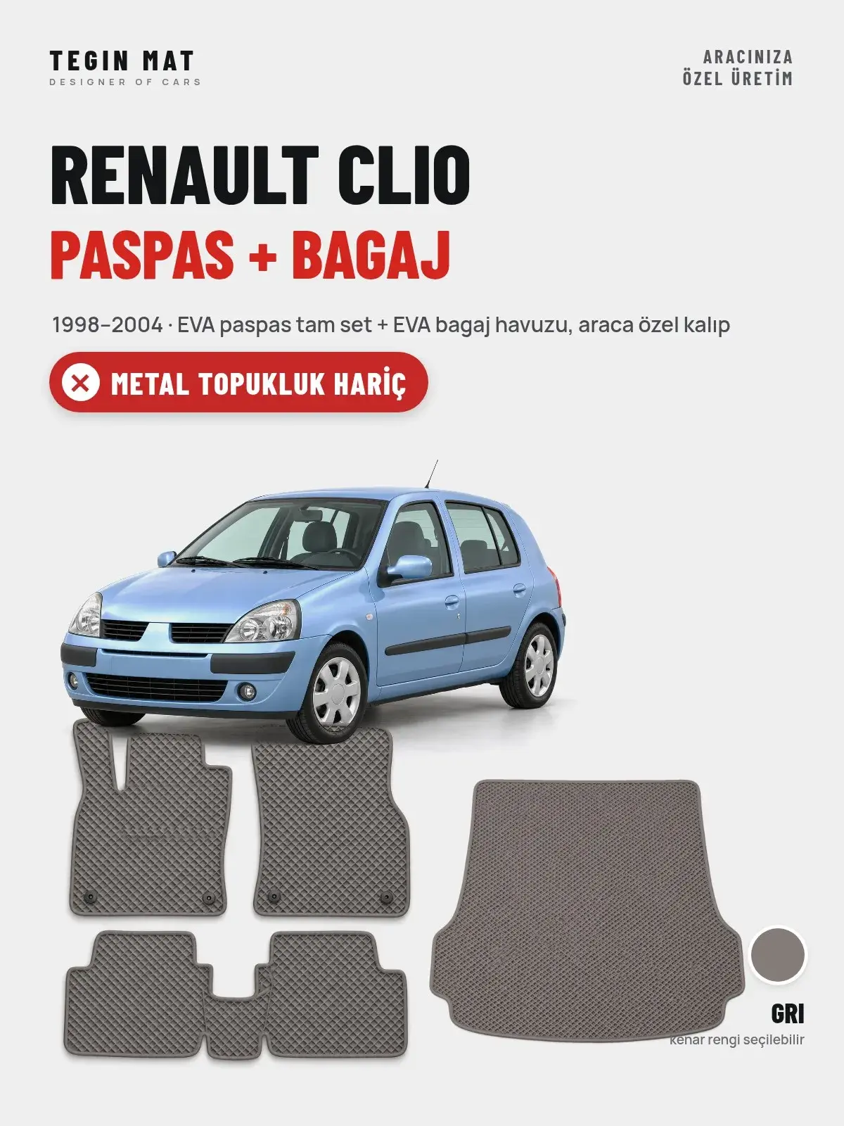 Renault Clio EVA Paspas + Bagaj Havuzu Seti (1998–2004) Gri – Metal Topukluk Hariç (1)