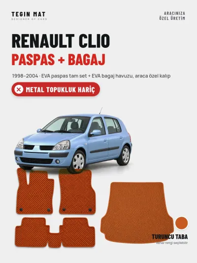 Renault Clio EVA Paspas + Bagaj Havuzu Seti (1998–2004) Turuncu Taba – Metal Topukluk Hariç