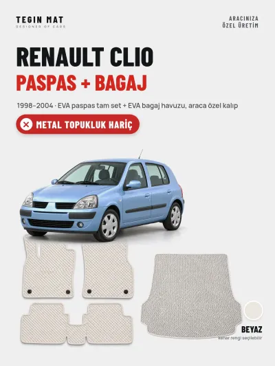 Renault Clio EVA Paspas + Bagaj Havuzu Seti (1998–2004) Beyaz – Metal Topukluk Hariç