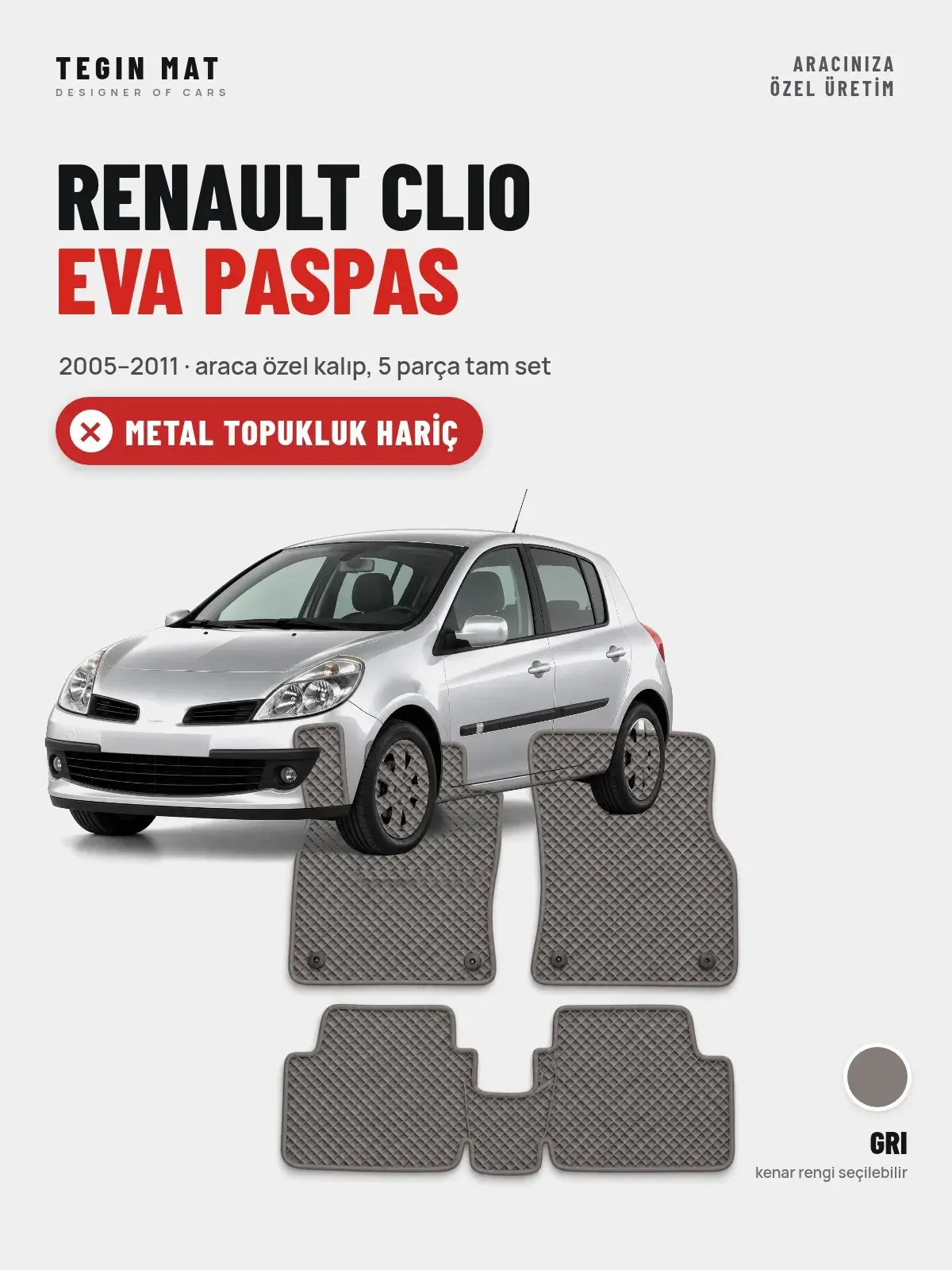 Renault Clio EVA Oto Paspas Tam Set (2005–2011) Gri – Metal Topukluk Hariç (1)