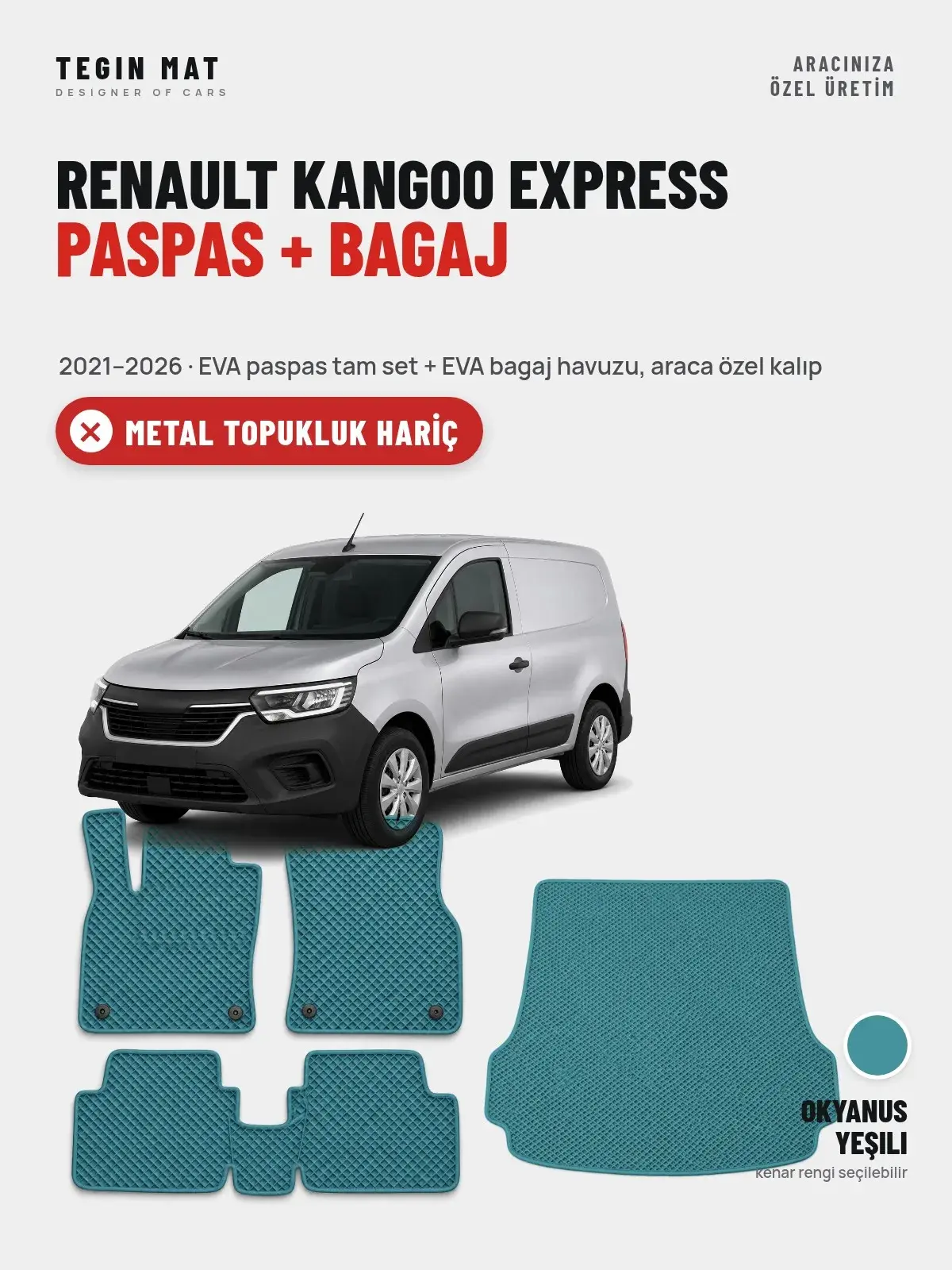Renault Kangoo Express EVA Paspas + Bagaj Havuzu Seti (2021–2026) Okyanus Yeşili – Metal Topukluk Hariç (1)