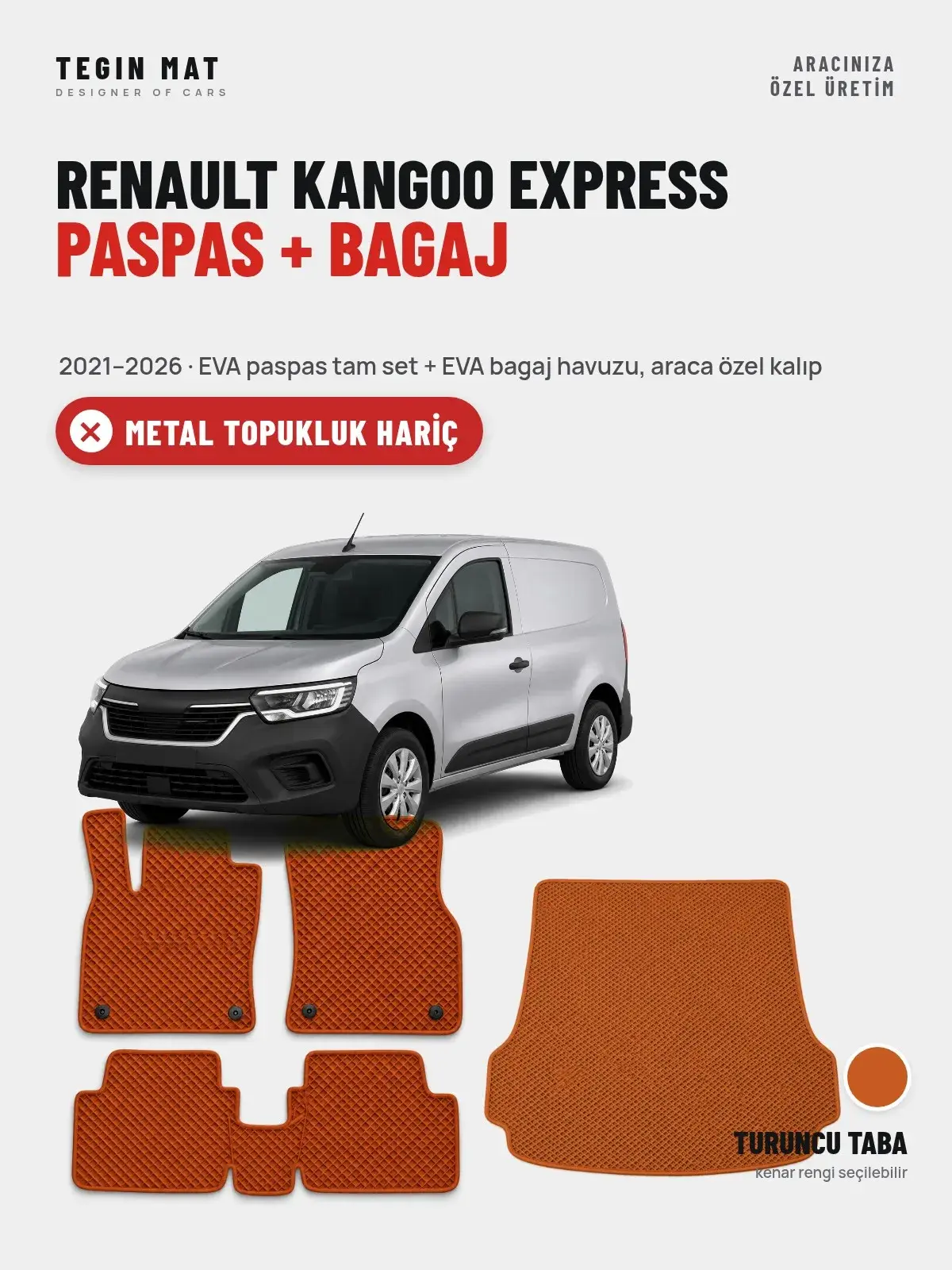 Renault Kangoo Express EVA Paspas + Bagaj Havuzu Seti (2021–2026) Turuncu Taba – Metal Topukluk Hariç (1)