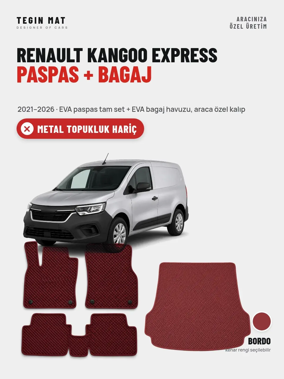 Renault Kangoo Express EVA Paspas + Bagaj Havuzu Seti (2021–2026) Bordo – Metal Topukluk Hariç (1)