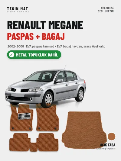 Renault Megane EVA Paspas + Bagaj Havuzu Seti (2002–2008) Açık Taba – Metal Topukluk Dahil