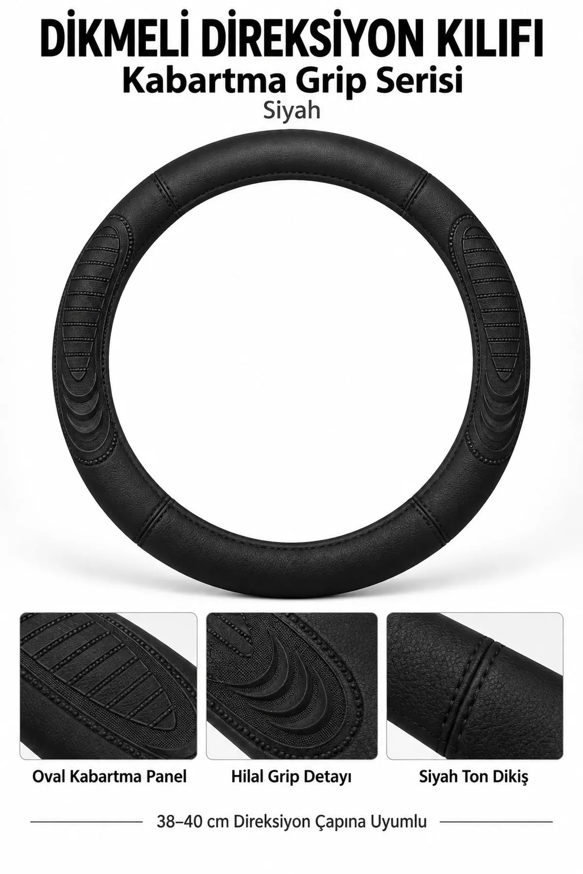 Fiat Punto 2005-2018 Uyumlu Kabartma Grip Dikmeli Direksiyon Kılıfı Siyah 1