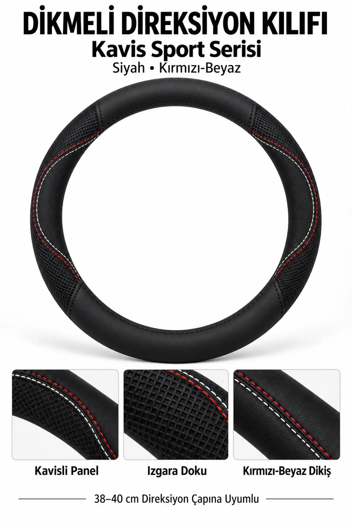 Kavis Sport Dikmeli Direksiyon Kılıfı Siyah Kırmızı-Beyaz 1