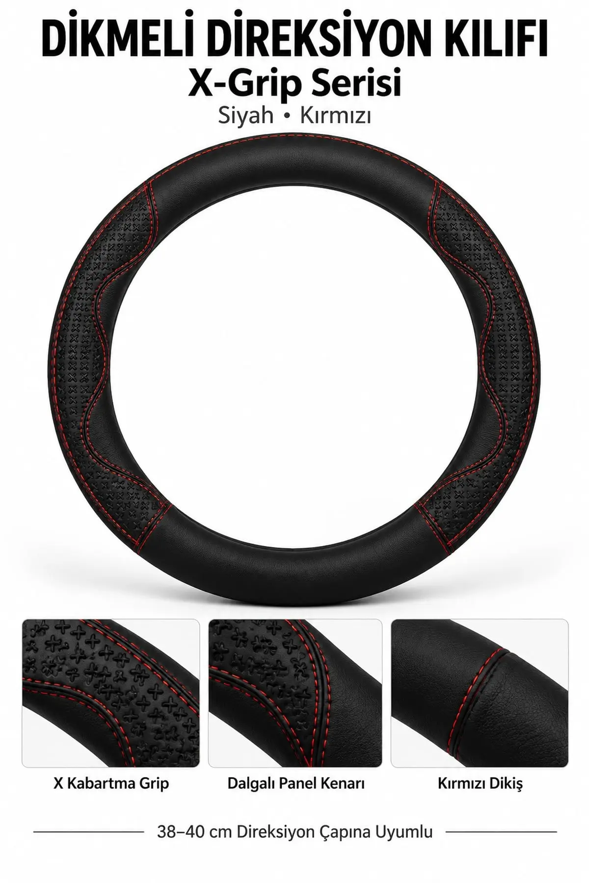 X-Grip Dikmeli Direksiyon Kılıfı Siyah Kırmızı 1
