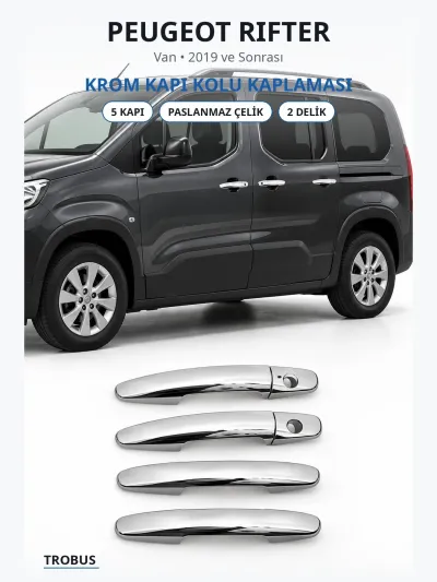 Peugeot Rifter 2019 ve Sonrası Krom Kapı Kolu Kaplaması 5 Kapı Paslanmaz Çelik 2 Delik 2 Sürgü