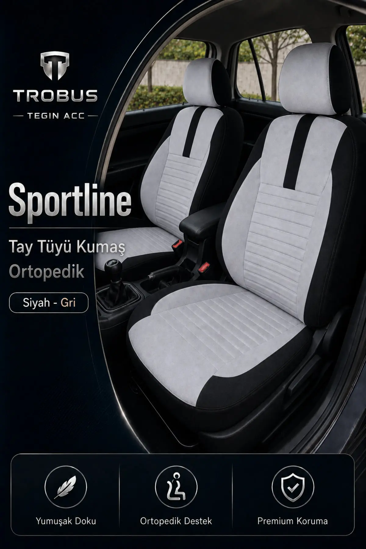 Sportline Serisi Universal Koltuk Kılıfı Gri Siyah (1)