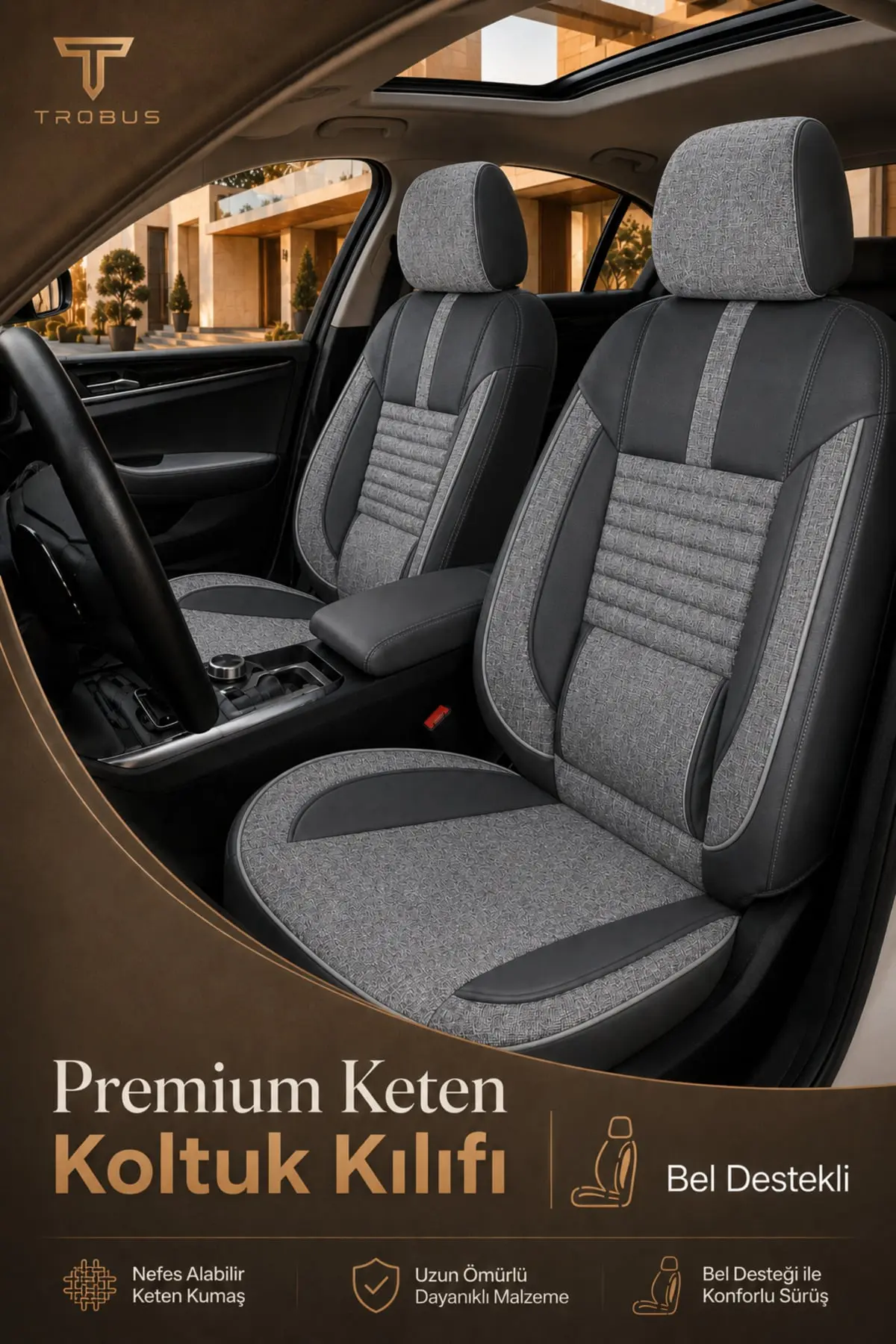 Apex Linen Serisi Universal Koltuk Kılıfı Füme Siyah (1)