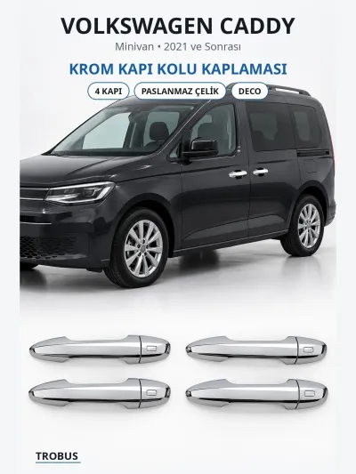 Volkswagen Caddy 2021 ve Sonrası Uyumlu Krom Kapı Kolu Kaplaması 4 Kapı Paslanmaz Çelik Deco
