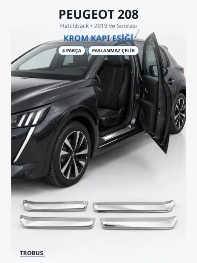 Peugeot 208 2019 ve Sonrası Uyumlu Krom Kapı Eşiği 4 Parça Paslanmaz Çelik