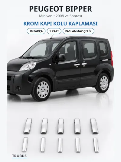Peugeot Bipper 2008 ve Sonrası Uyumlu Krom Kapı Kolu Kaplaması 5 Kapı 10 Parça Paslanmaz Çelik