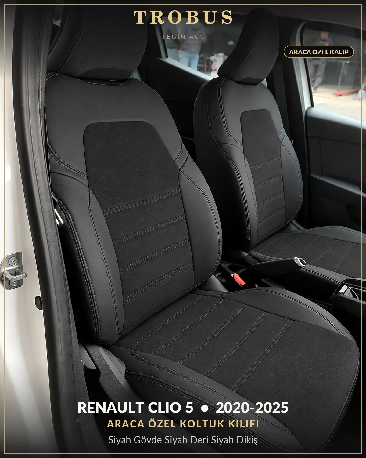Renault Clio 5 2020-2025 Araca Özel Koltuk Kılıfı Siyah Gövde Siyah Deri Siyah Dikiş (1)