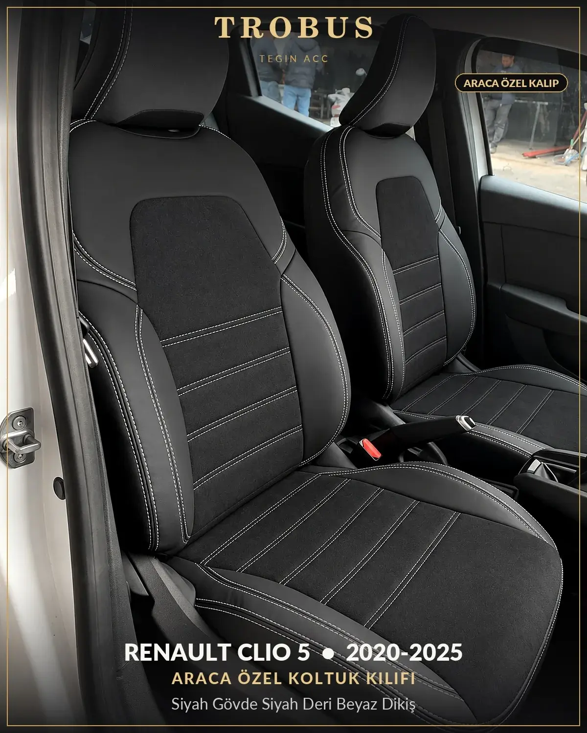Renault Clio 5 2020-2025 Araca Özel Koltuk Kılıfı Siyah Gövde Siyah Deri Beyaz Dikiş (1)