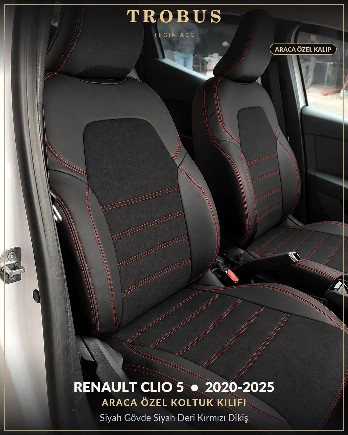 Renault Clio 5 2020-2025 Araca Özel Koltuk Kılıfı Siyah Gövde Siyah Deri Kırmızı Dikiş (1)