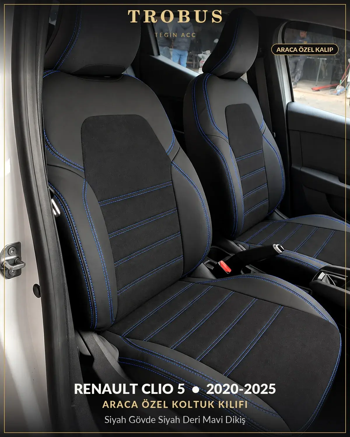 Renault Clio 5 2020-2025 Araca Özel Koltuk Kılıfı Siyah Gövde Siyah Deri Mavi Dikiş (1)