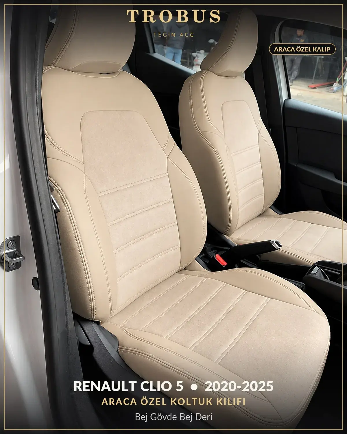 Renault Clio 5 2020-2025 Araca Özel Koltuk Kılıfı Bej Gövde Bej Deri (1)