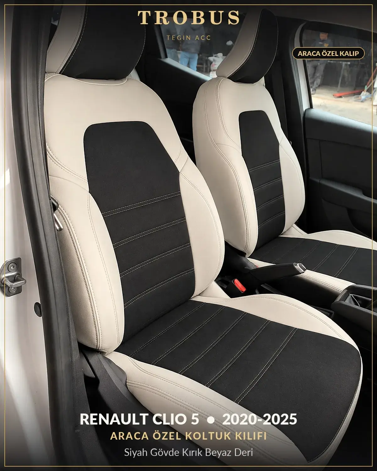 Renault Clio 5 2020-2025 Araca Özel Koltuk Kılıfı Siyah Gövde Kırık Beyaz Deri (1)