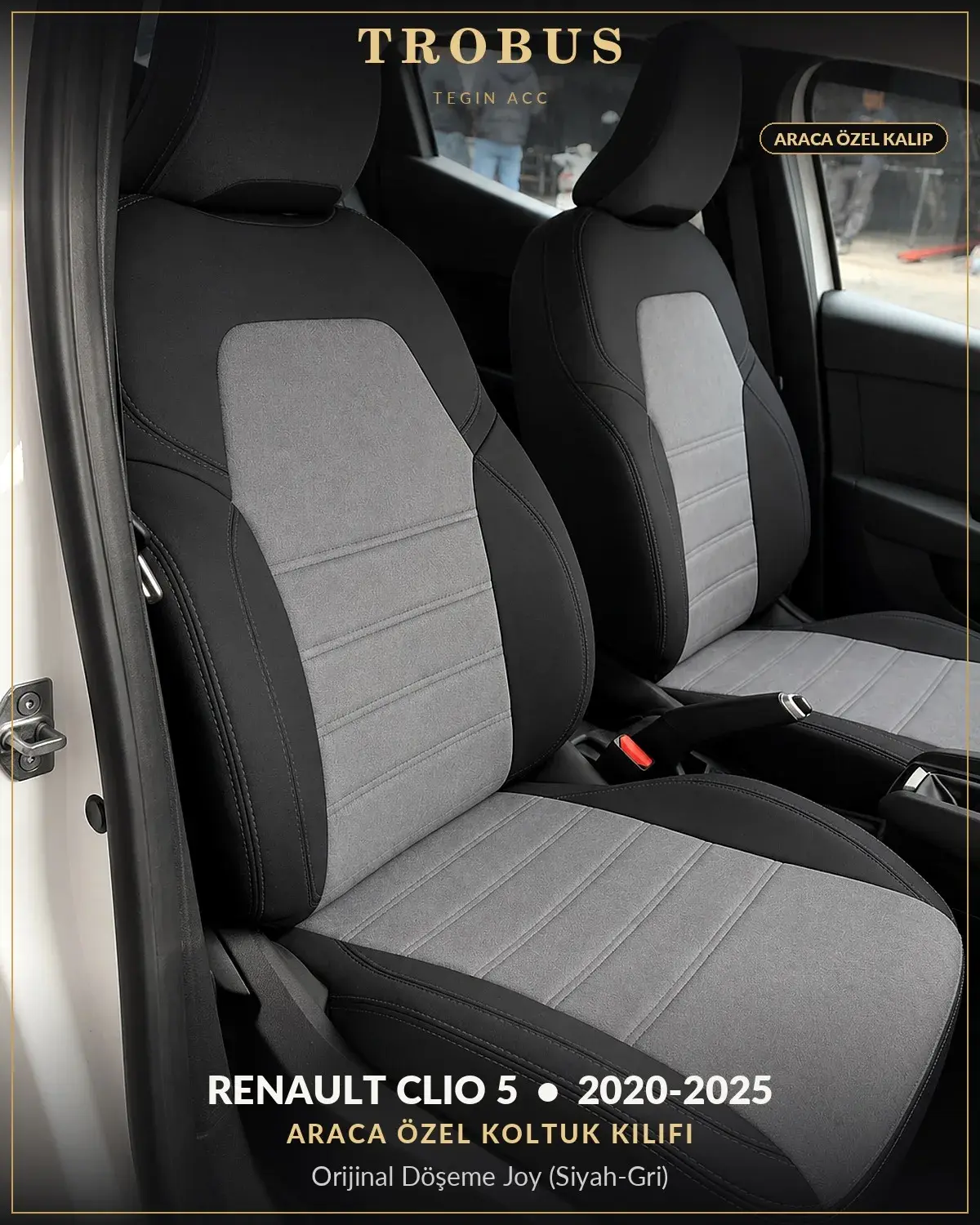 Renault Clio 5 2020-2025 Araca Özel Koltuk Kılıfı Orijinal Döşeme Joy (Siyah Gri) (1)