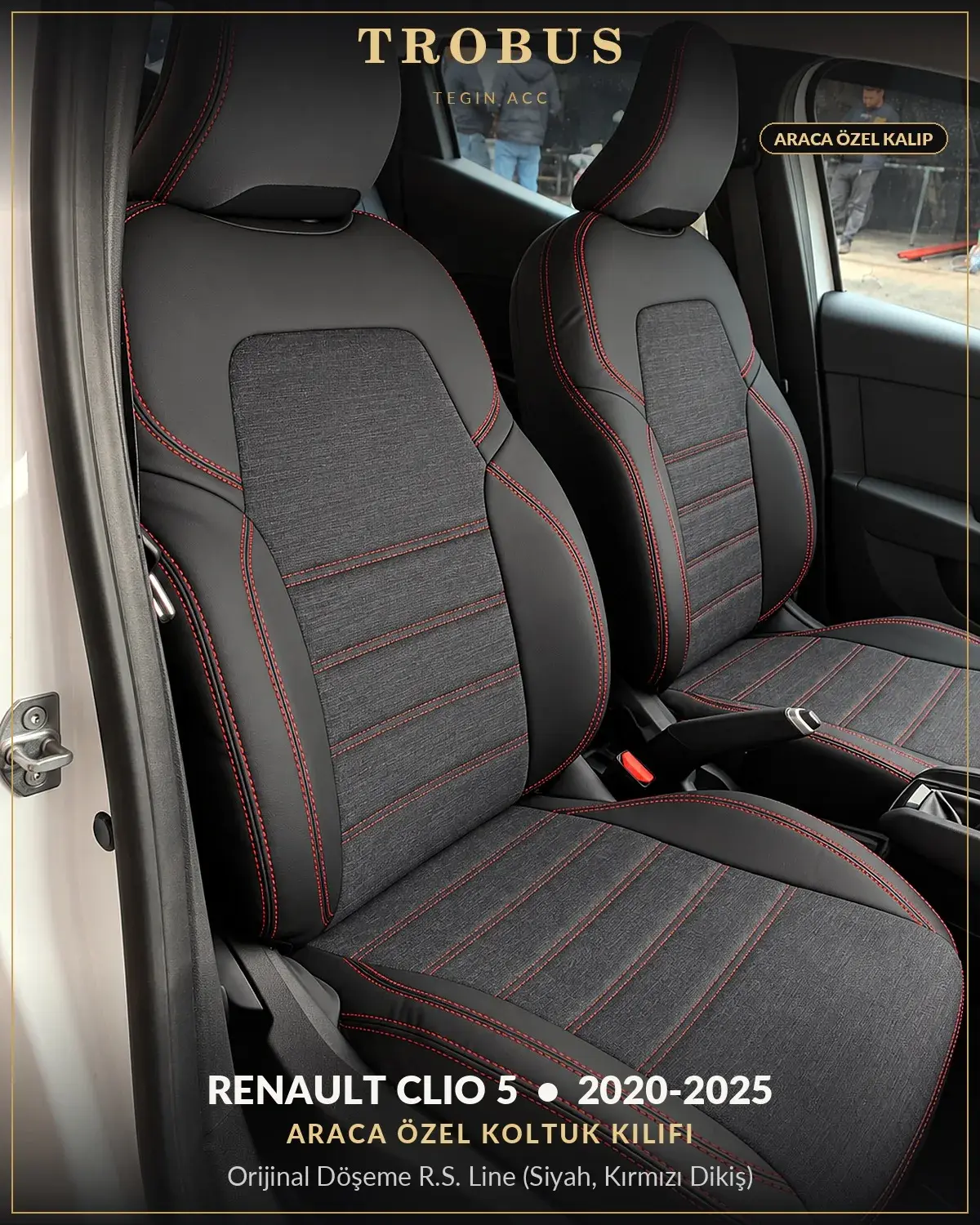 Renault Clio 5 2020-2025 Araca Özel Koltuk Kılıfı Orijinal Döşeme R.S. Line (Siyah, Kırmızı Dikiş) (1)