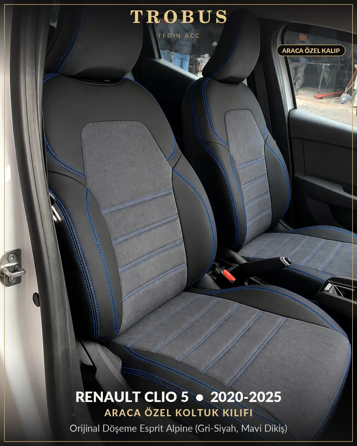 Renault Clio 5 Araca Özel Koltuk Kılıfı Orijinal Döşeme Esprit Alpine (Gri Siyah, Mavi Dikiş) (1)