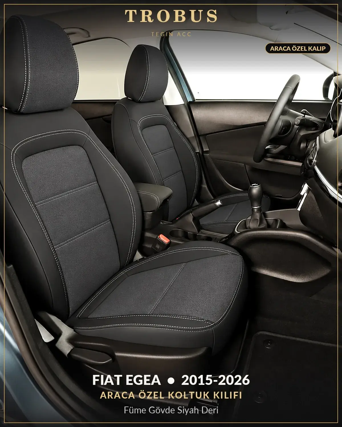 Fiat Egea 2015-2026 Araca Özel Koltuk Kılıfı Füme Gövde Siyah Deri (1)