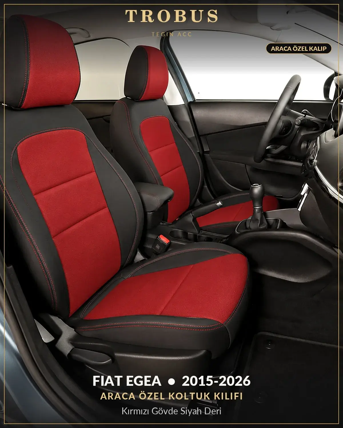 Fiat Egea 2015-2026 Araca Özel Koltuk Kılıfı Kırmızı Gövde Siyah Deri (1)
