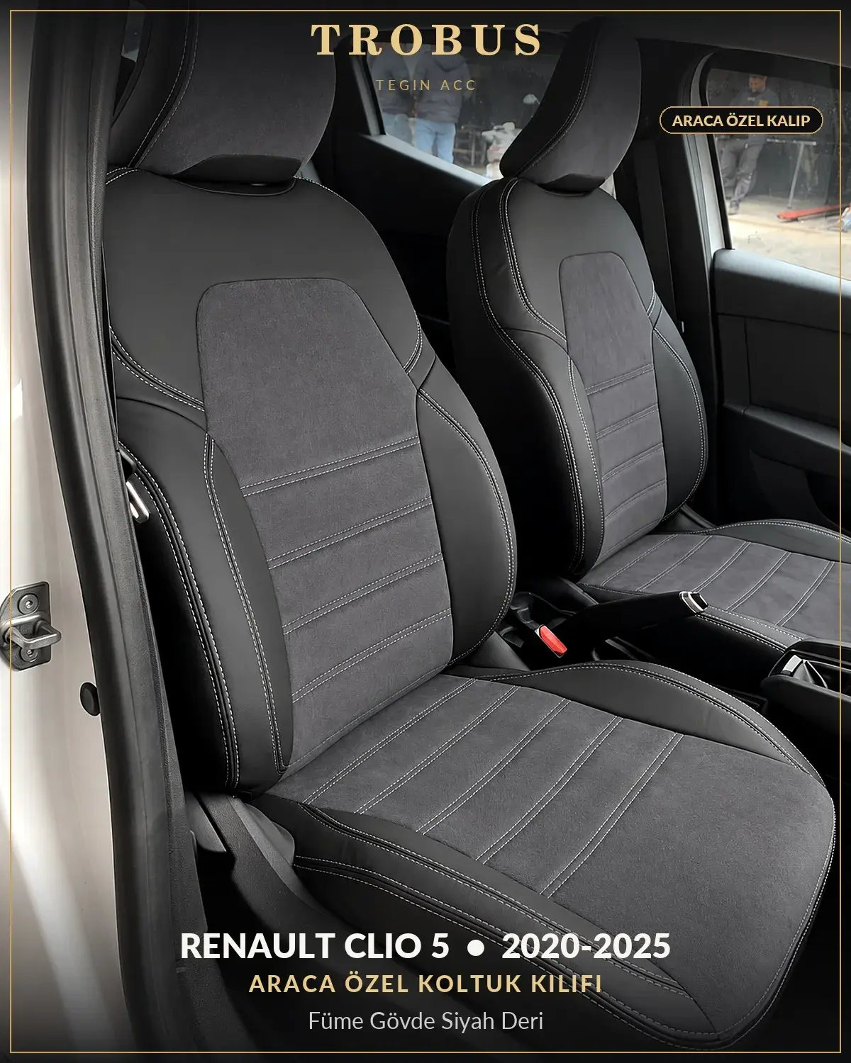Renault Clio 5 2020-2025 Araca Özel Koltuk Kılıfı Füme Gövde Siyah Deri (1)