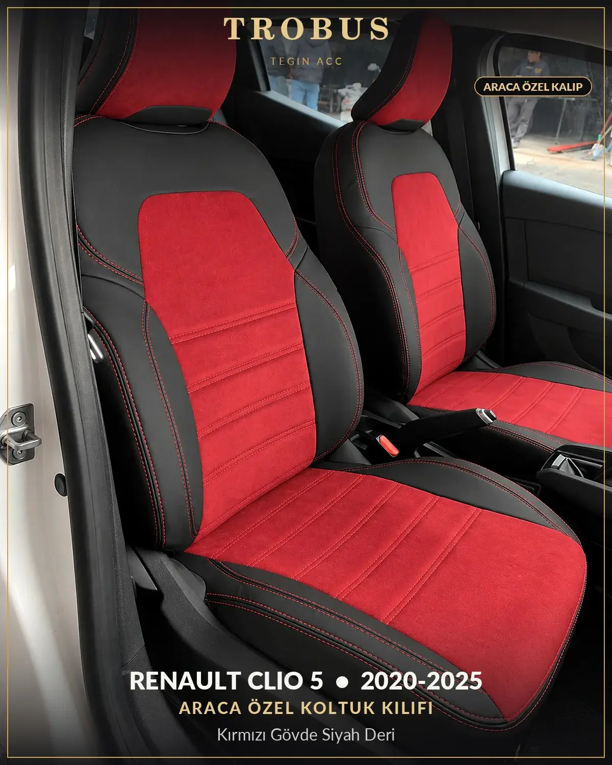 Renault Clio 5 2020-2025 Araca Özel Koltuk Kılıfı Kırmızı Gövde Siyah Deri (1)