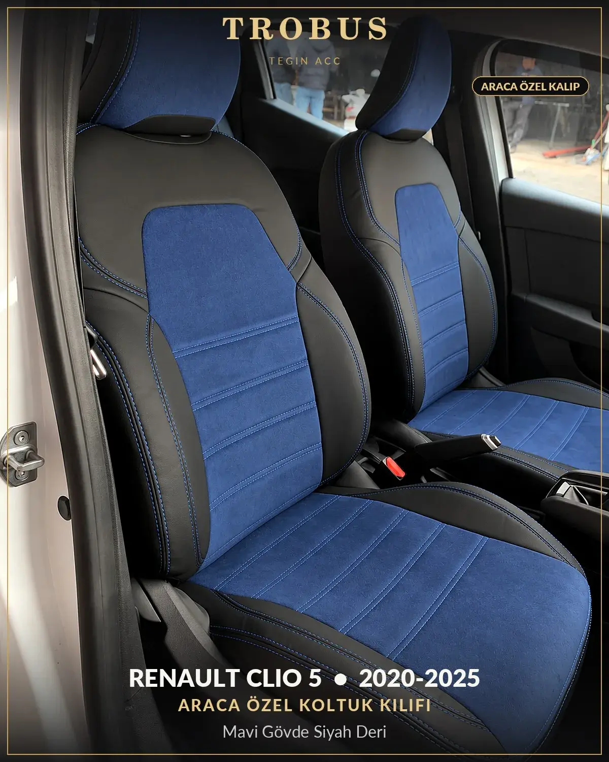 Renault Clio 5 2020-2025 Araca Özel Koltuk Kılıfı Mavi Gövde Siyah Deri (1)
