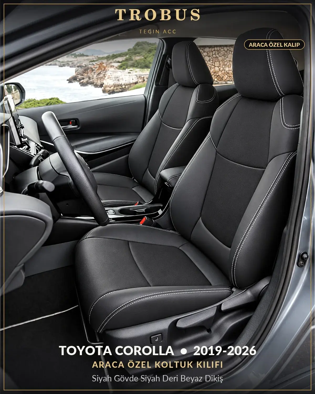 Toyota Corolla 2019-2026 Araca Özel Koltuk Kılıfı Siyah Gövde Siyah Deri Beyaz Dikiş (1)