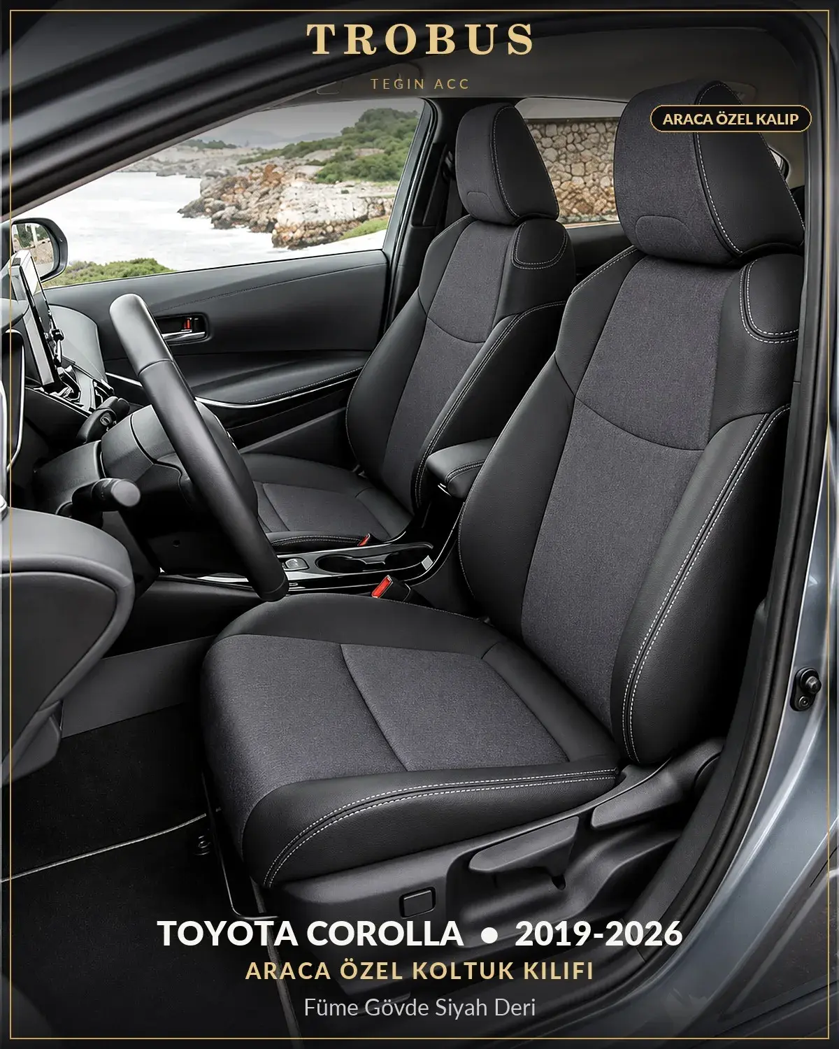 Toyota Corolla 2019-2026 Araca Özel Koltuk Kılıfı Füme Gövde Siyah Deri (1)