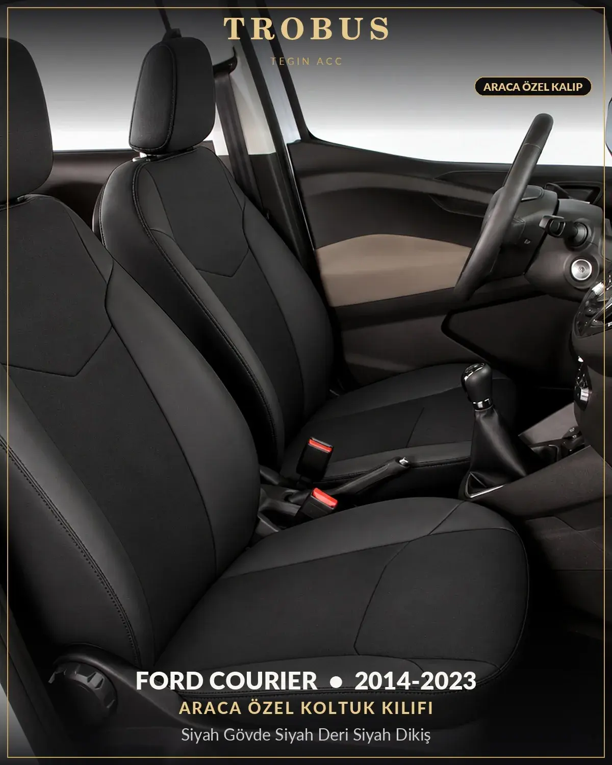 Ford Tourneo Courier 2014-2023 Araca Özel Koltuk Kılıfı Siyah Gövde Siyah Deri Siyah Dikiş (1)