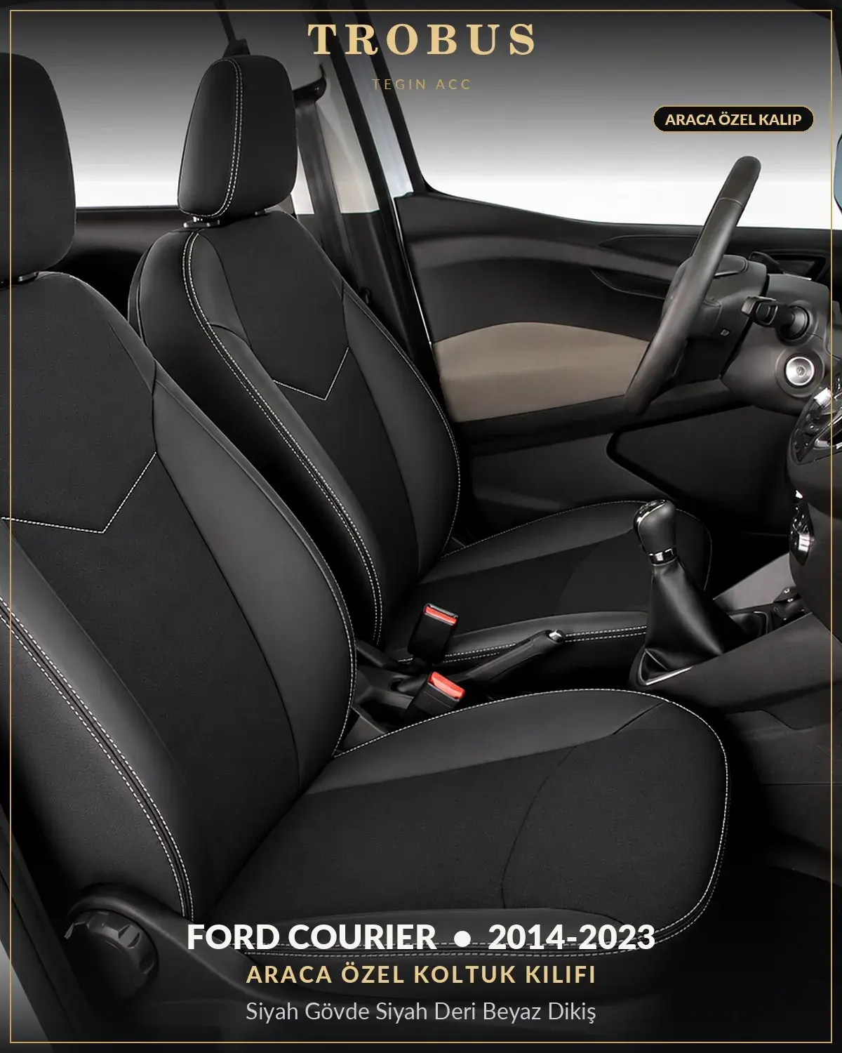 Ford Tourneo Courier 2014-2023 Araca Özel Koltuk Kılıfı Siyah Gövde Siyah Deri Beyaz Dikiş (1)