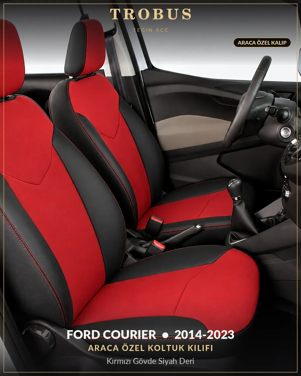 Ford Tourneo Courier 2014-2023 Araca Özel Koltuk Kılıfı Kırmızı Gövde Siyah Deri (1)